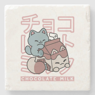 Kawaii Katt med Chokladmjölk – Japansk Popkonst Stenunderlägg