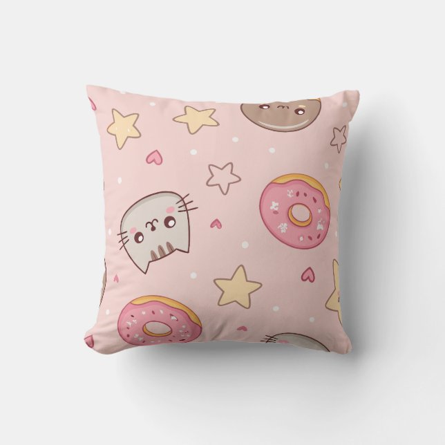 Kawaii Katt, Munk och Stjärnmönster  Kudde (Framsida)