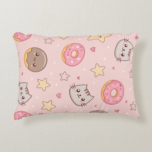 Kawaii Katt, Munk och Stjärnmönster  Prydnadskudde (Framsidan)