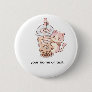 Kawaii Katt som kramar Bubble Milk Tea Söt Boba Knapp