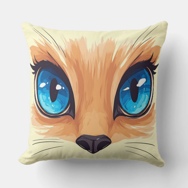 Kawaii Katt Stora Blå Ögon Söt Djur Illustrat Kudde (Framsida)
