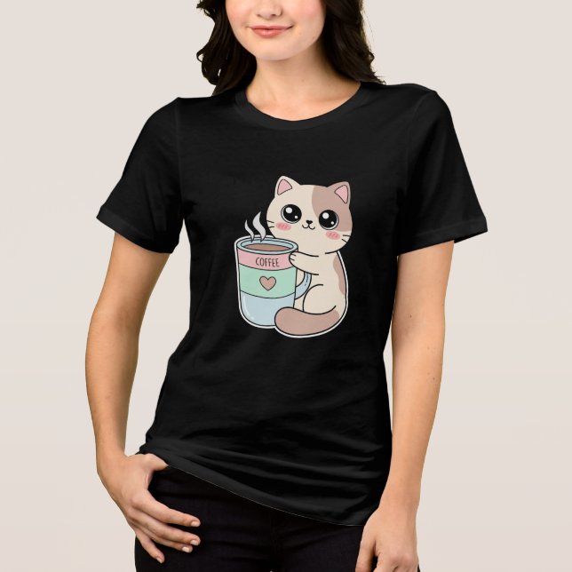 Kawaii Kattkaffe Först T Shirt (Framsida)