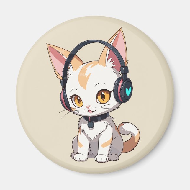 Kawaii Kattunge i Rocking Headphone Magnet (Framsidan)