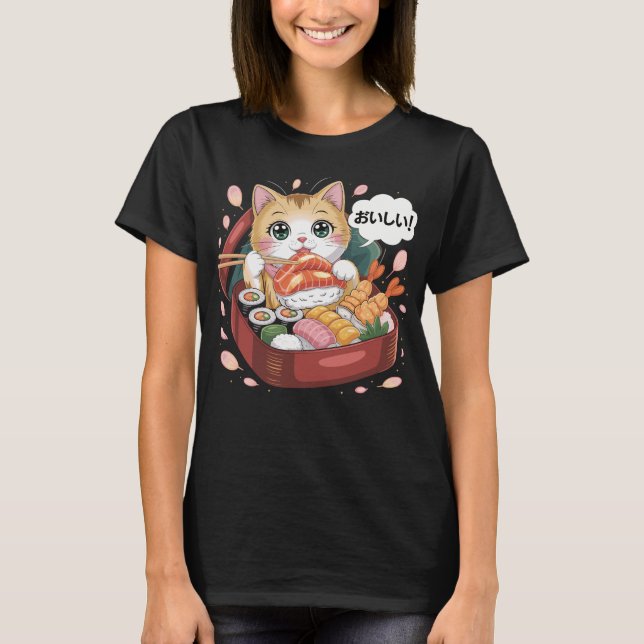 Kawaii Katze mit Sushi T Shirt (Framsida)