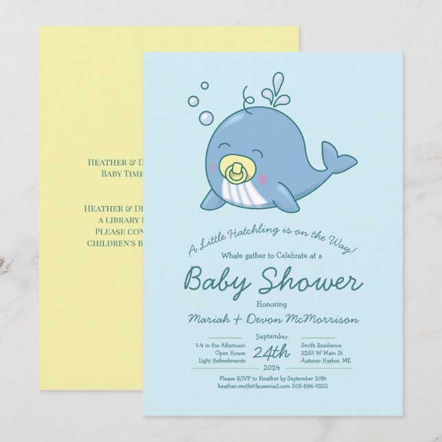Kawaii Kawaii-inbjudan till Cute Whale Baby Shower Inbjudningar (Fram/baksida)