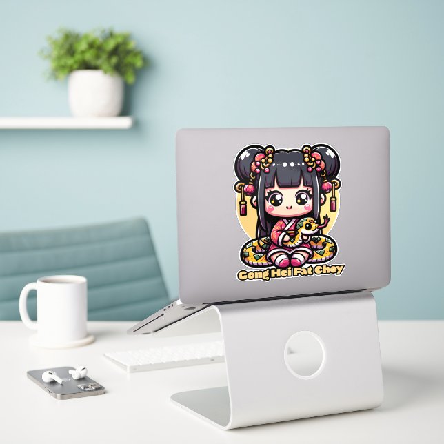 Kawaii Kinesisk nyårsnake och flicka Klistermärken (Laptop På Skrivbordet)