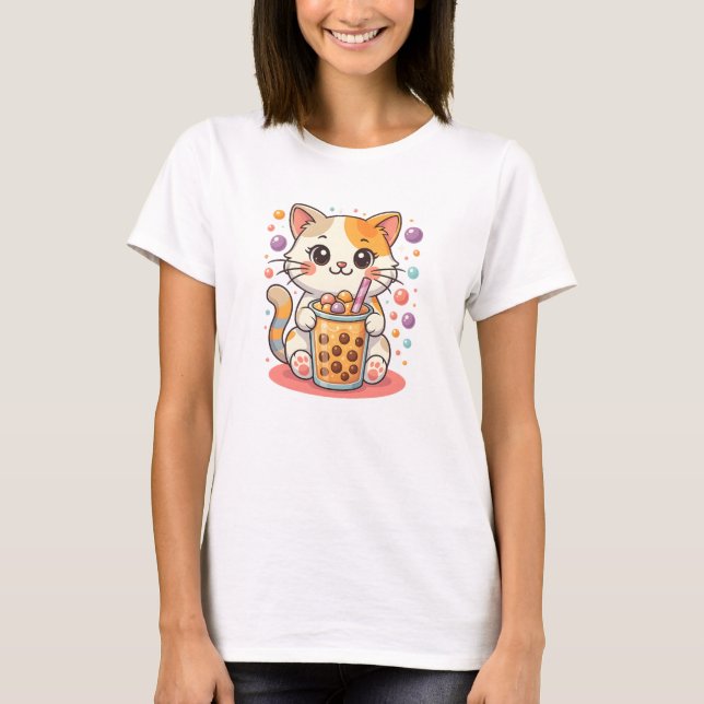 Kawaii Kitten Bubble Tea - Cute Calico Cat Boba T Shirt (Framsida)