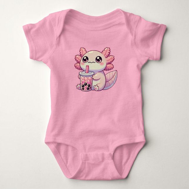 Kawaii Knubbig Axolotl med Bubble Tea T Shirt (Framsida)