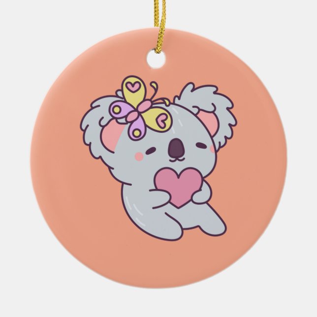 Kawaii Koala with Heart and Butterfly Julgransprydnad Keramik (Framsidan)