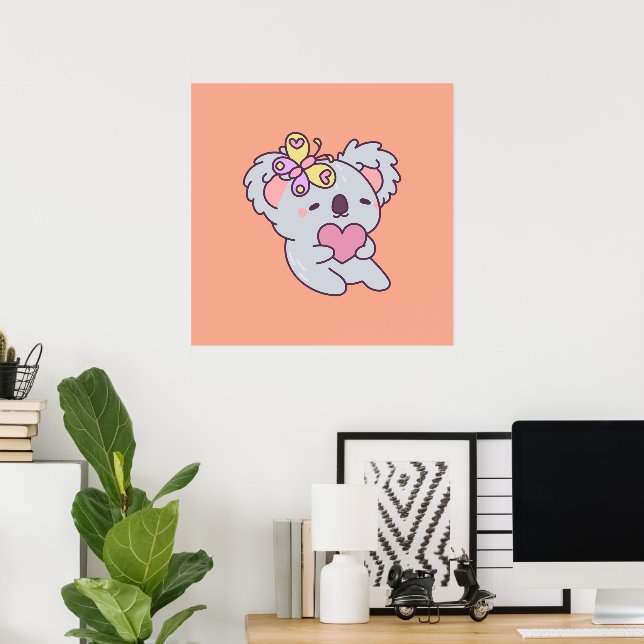 Kawaii Koala with Heart and Butterfly Poster (Hemmakontoret)