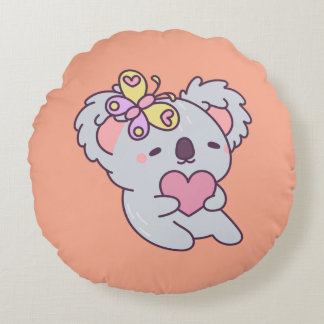 Kawaii Koala with Heart and Butterfly Rund Kudde
