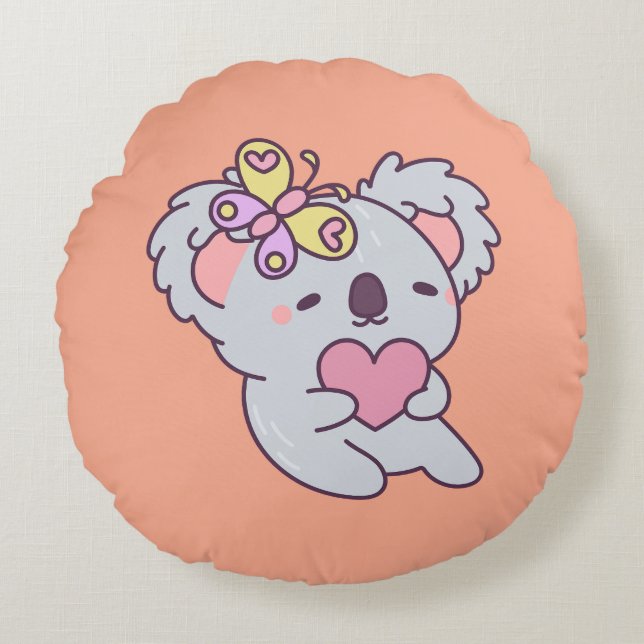 Kawaii Koala with Heart and Butterfly Rund Kudde (Framsidan)