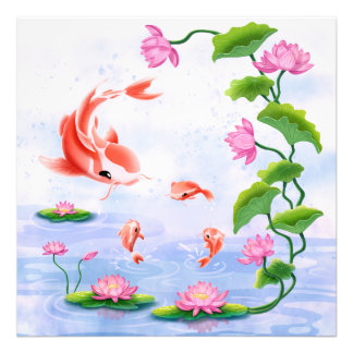 Kawaii Koi Fish Rosa Vatten Lilies Pond Fototryck