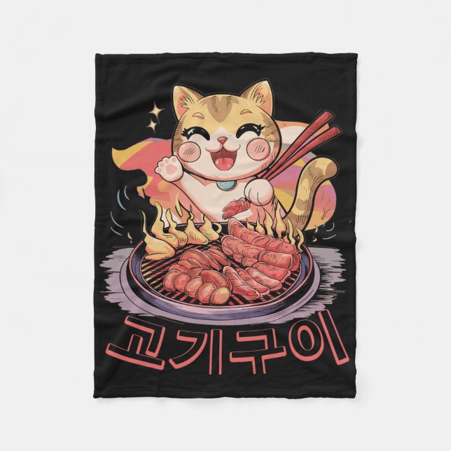 Kawaii koreansk katt Eating Bbq koreansk barbecue  Fleecefilt (Framsidan)