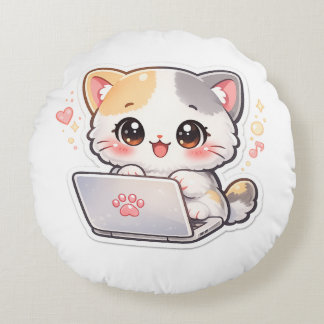 Kawaii Laptop Kudde Rund Kudde | Söt Chibi Katt