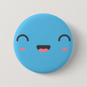 Kawaii leende ansikte med runt slutet ögon, blått knapp