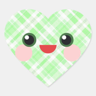 Kawaii-leende Glad Ansikte Grön Plaid Hjärtformat Klistermärke