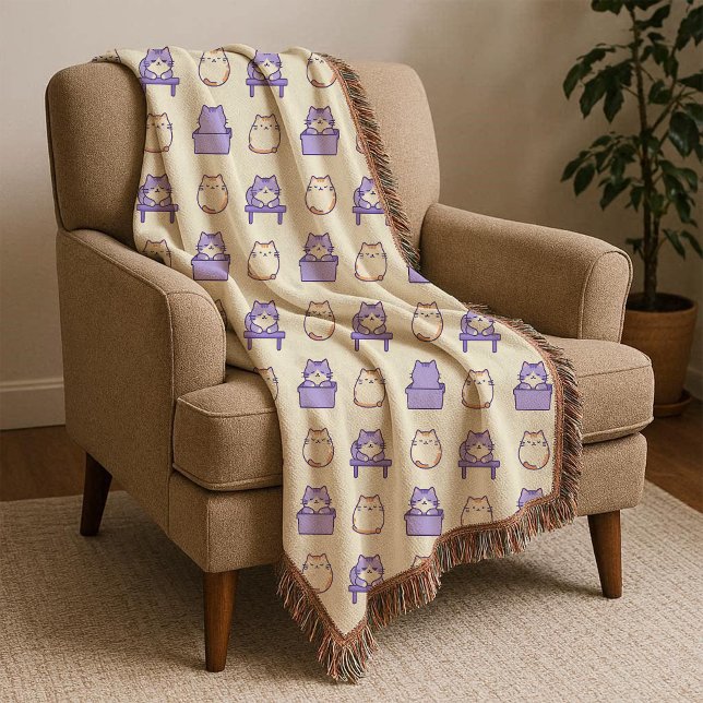 Kawaii Lila Knubbiga Katt Pastell Kastfilt Filt (Kawaii Lavender Chonky Cat Pastel Throw Blanket)
