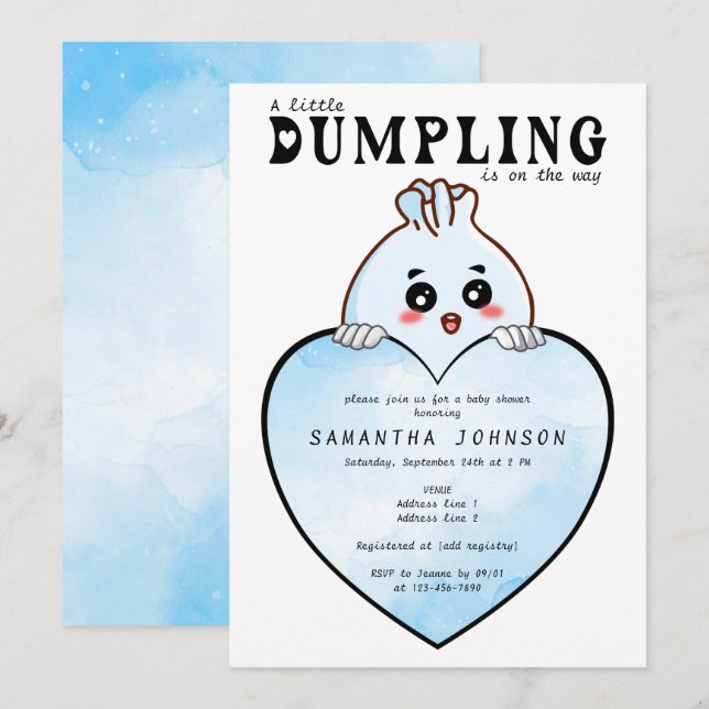 Kawaii Little Dumpling Dim Sum Blue Baby Shower Inbjudningar (Fram/baksida)