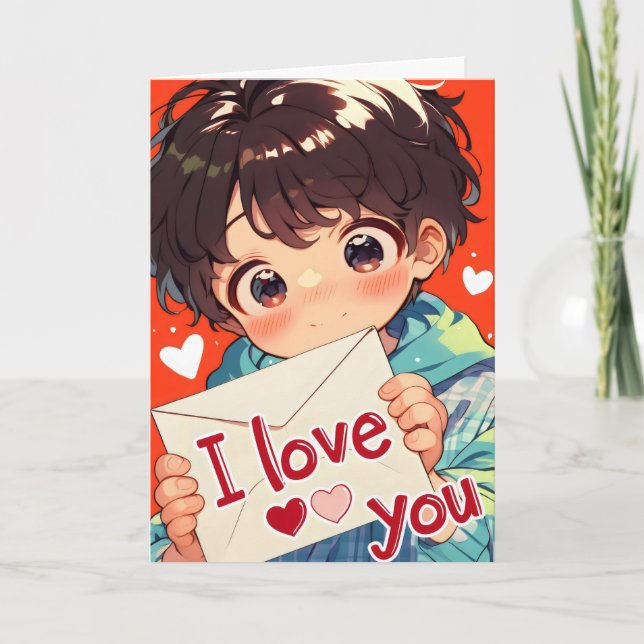 Kawaii Love Anime Pojke Helgkort (Framsida)