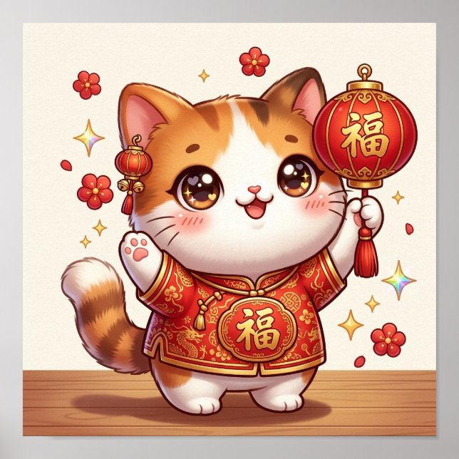 Kawaii Lucky Cat Kinesiskt Nyår Ljus Festlig Poster (Framsidan)