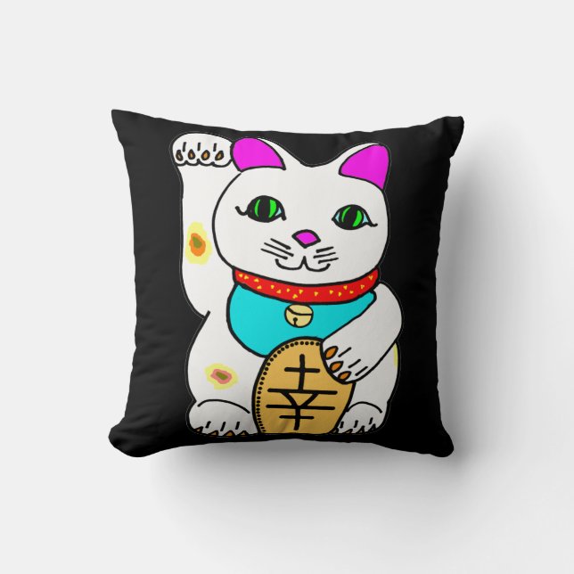 Kawaii Lucky Cat Maneki Neko Välsignar Kudde (Framsida)