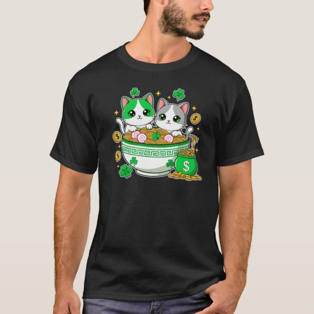 Kawaii Lucky Cats Ramen St Patricks Day Art T Shirt (Framsida)