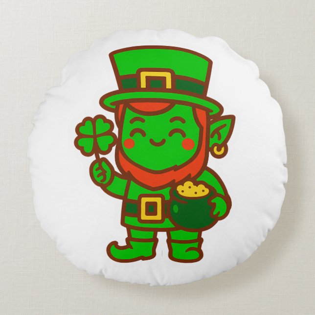 Kawaii Lucky Leprechaun Rund Kudde (Framsidan)