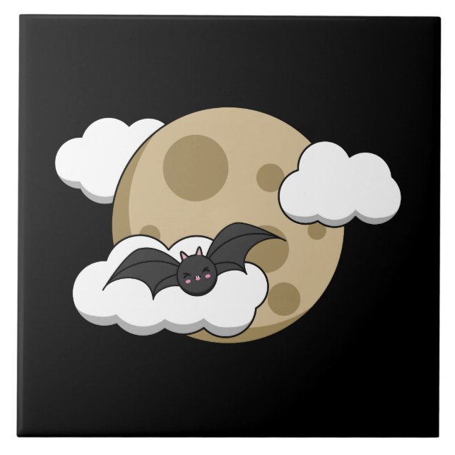 Kawaii Lycklig Fladdermus som flyger på Full Moon Kakelplatta (Framsidan)