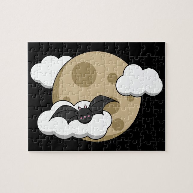 Kawaii Lycklig Fladdermus som flyger på Full Moon Pussel (Horisontell)