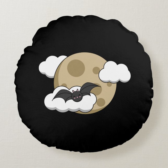 Kawaii Lycklig Fladdermus som flyger på Full Moon Rund Kudde (Framsidan)