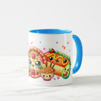 Kawaii Lycklig Food Cute Burger, Pizza & Hotdog Mugg