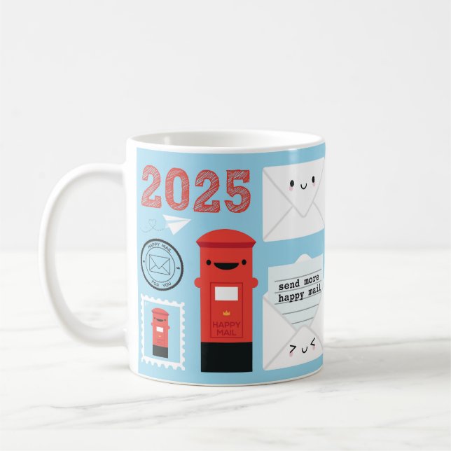 Kawaii Lycklig Mail 2025 Calendar Kaffemugg (Vänster)