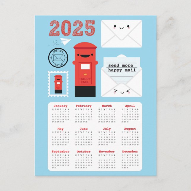 Kawaii Lycklig Mail 2025 Calendar Vykort (Framsida)