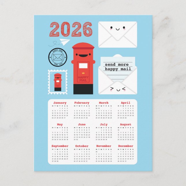 Kawaii Lycklig Mail 2026 Calendar Vykort (Framsida)