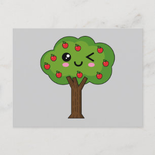 Kawaii Lycklig Winking Apple Träd Helg Vykort