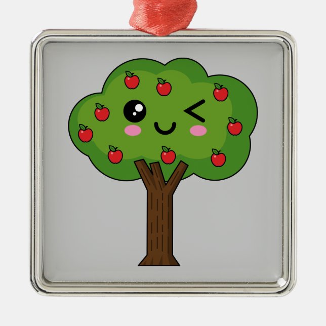 Kawaii Lycklig Winking Apple Träd Julgransprydnad Metall (Framsidan)