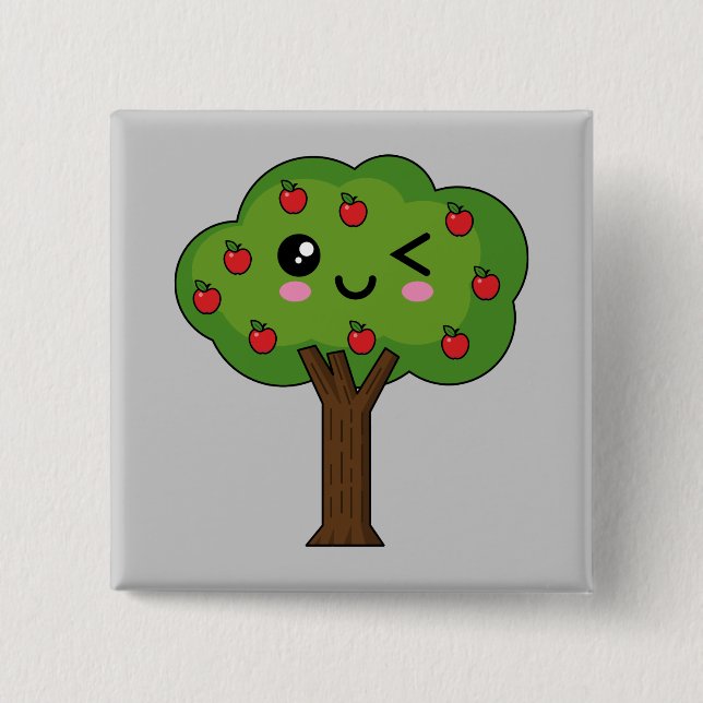 Kawaii Lycklig Winking Apple Träd Knapp (Framsida)