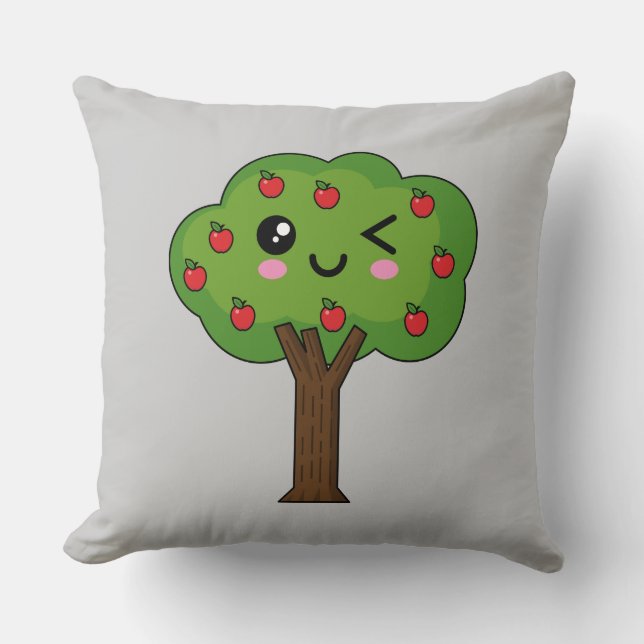 Kawaii Lycklig Winking Apple Träd Kudde (Framsida)