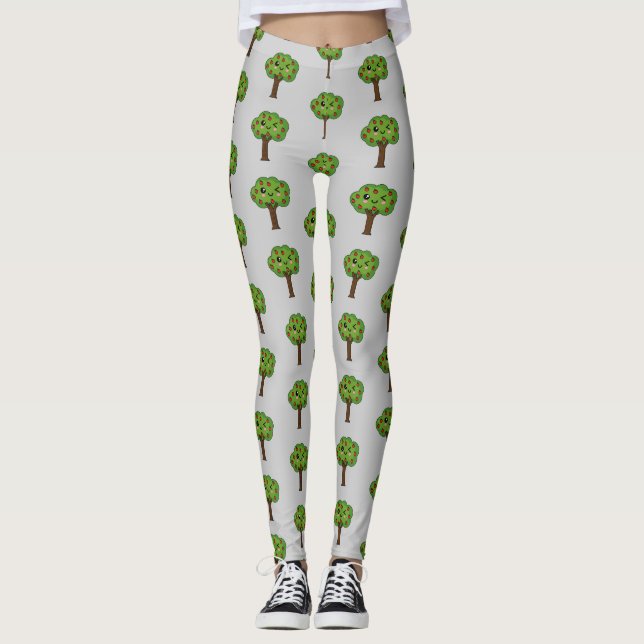 Kawaii Lycklig Winking Apple Träd Leggings (Framsida)