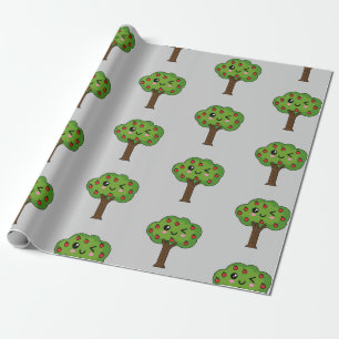 Kawaii Lycklig Winking Apple Träd Presentpapper