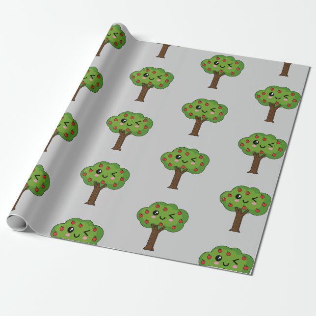 Kawaii Lycklig Winking Apple Träd Presentpapper (Utrullad)