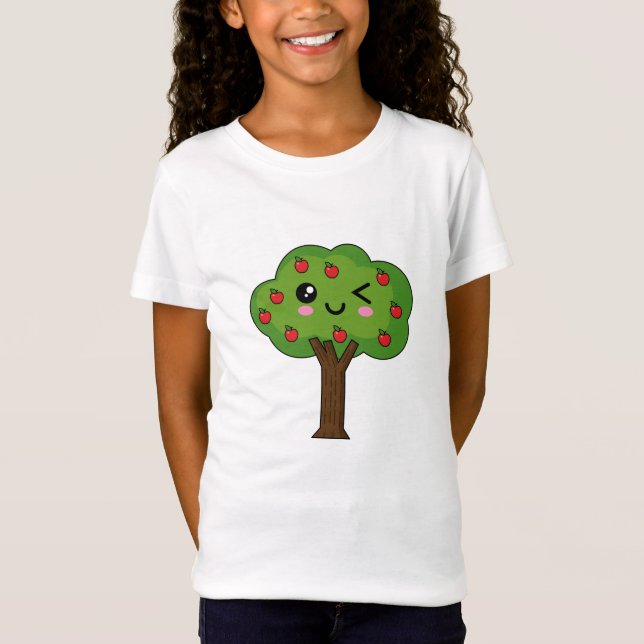 Kawaii Lycklig Winking Apple Träd T Shirt (Framsida)