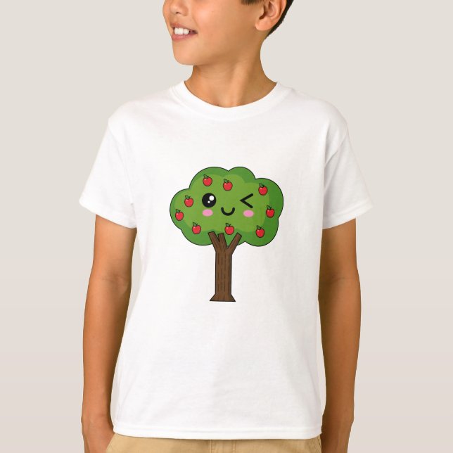 Kawaii Lycklig Winking Apple Träd T Shirt (Framsida)