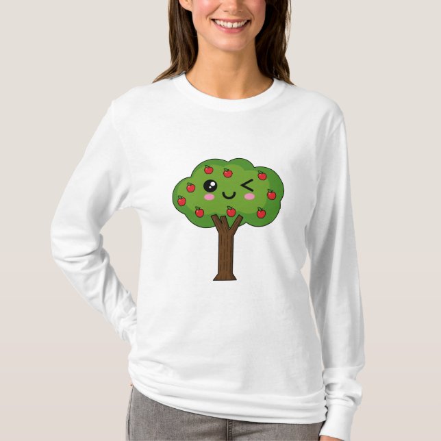 Kawaii Lycklig Winking Apple Träd T Shirt (Framsida)