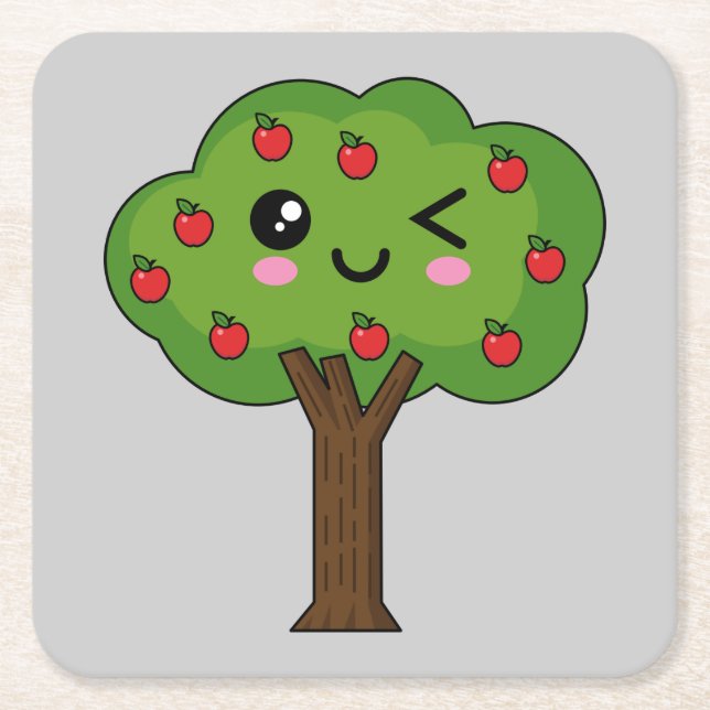 Kawaii Lycklig Winking Apple Träd Underlägg Papper Kvadrat (Framsidan)