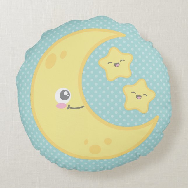 Kawaii Måne och Stars Round Pillow Rund Kudde (Baksidan)