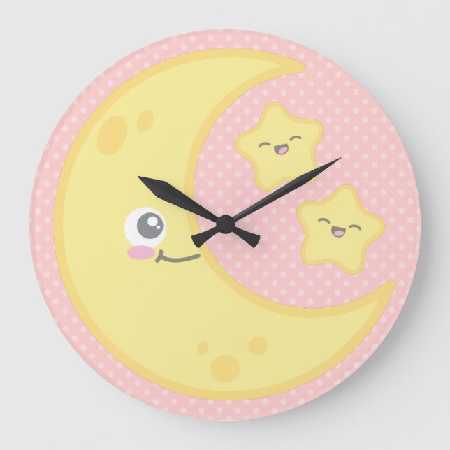 Kawaii Måne och Stars Wall Clock Stor Klocka (Framsida)