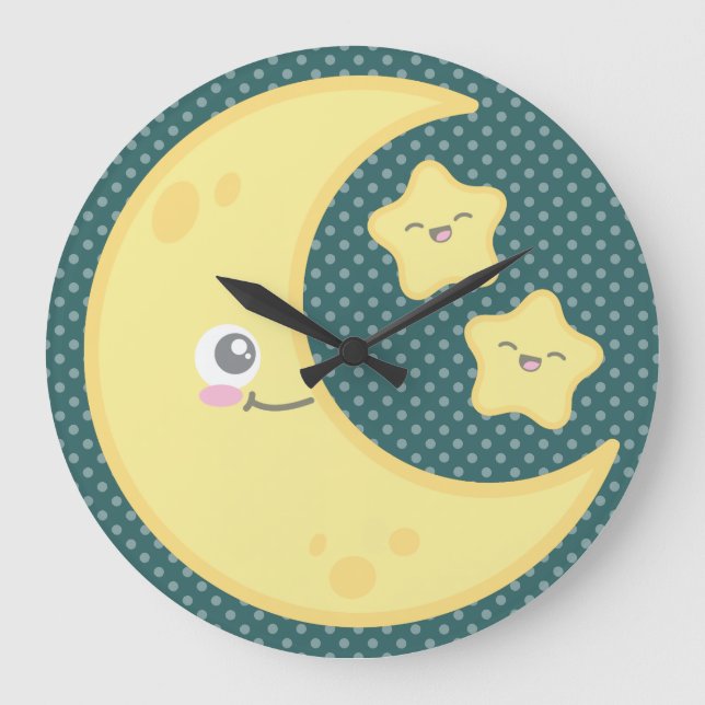 Kawaii Måne och Stars Wall Clock Stor Klocka (Framsida)