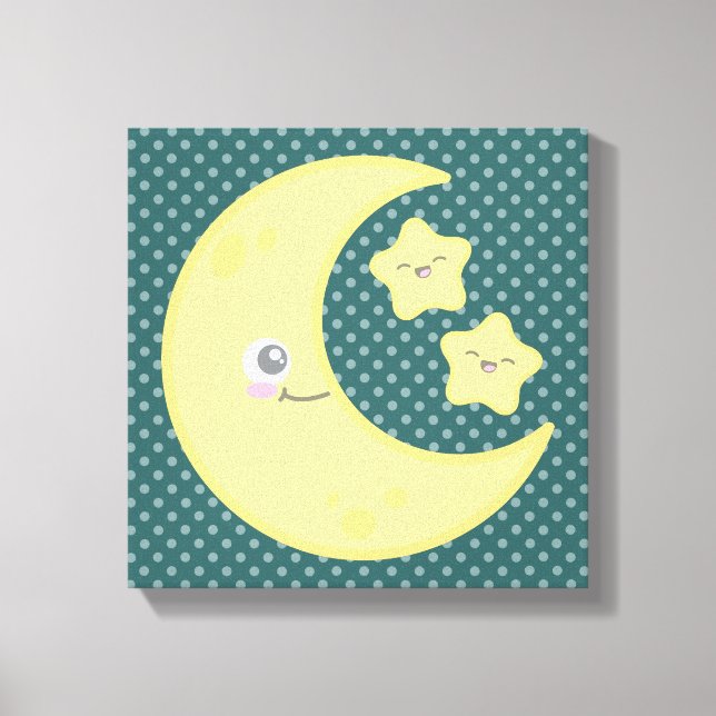 Kawaii Måne och Stars Wrapped Canvas (Framsida)